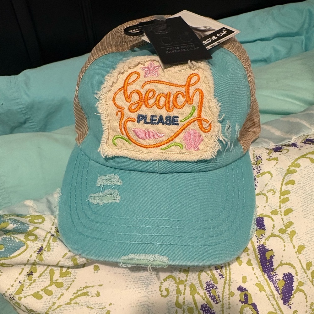 C.C Beach Please Distressed Cap - Aqua and Tan